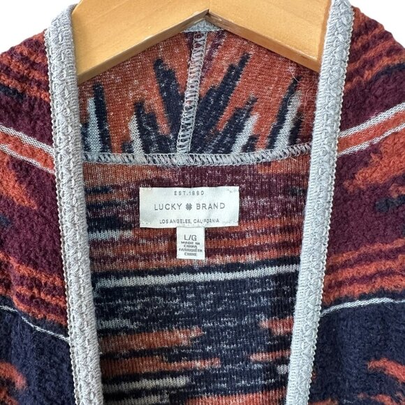 Lucky Brand Southwest Fringe Cardigan Size Large Navy Copper Burgundy Gray - Picture 7 of 8